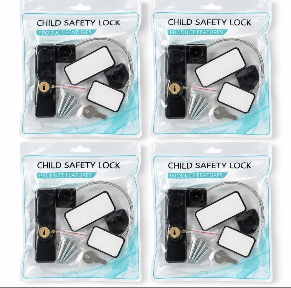 4 Child Safety Locks with Key Cable Cabinet Drawer Refrigerator Door Baby Proof